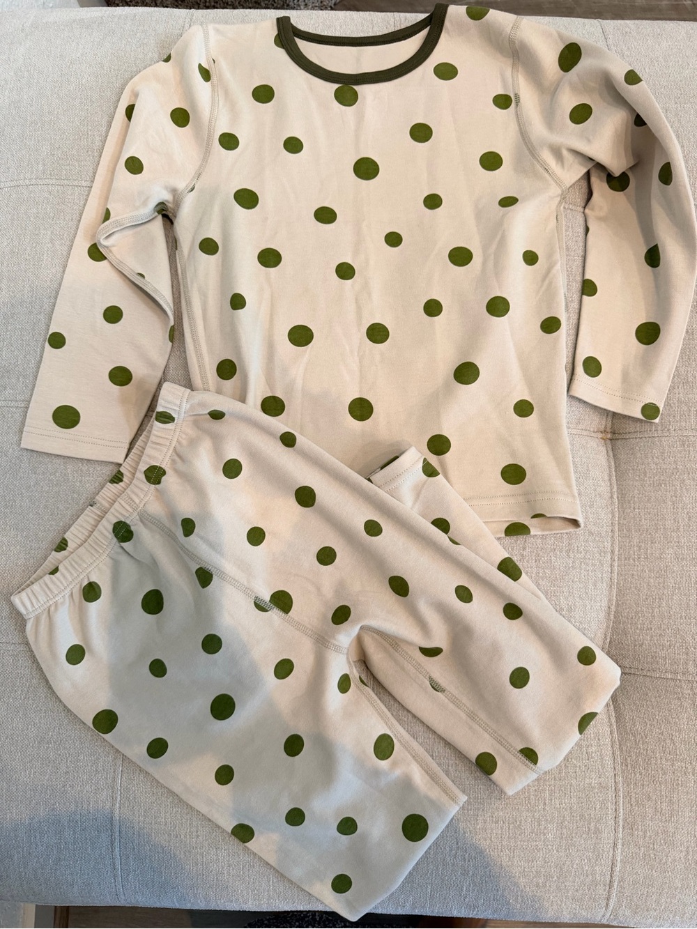 Cream Polka Dot Kids Pajama Set with Olive Green Dots